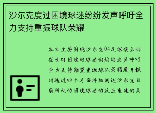 沙尔克度过困境球迷纷纷发声呼吁全力支持重振球队荣耀