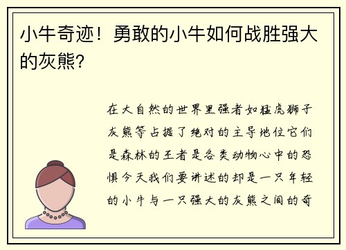 小牛奇迹！勇敢的小牛如何战胜强大的灰熊？