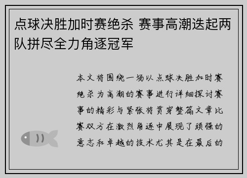 点球决胜加时赛绝杀 赛事高潮迭起两队拼尽全力角逐冠军